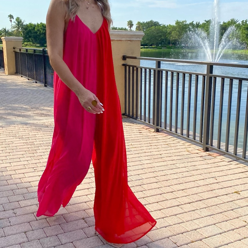 Dress Day Ombre Pink Red Jumpsuit Wide Leg Flowy Lined Adjustable Straps S M